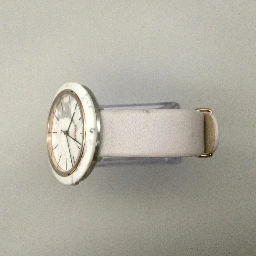 Fossil Womens Watch 38mm Faux White Marble Dial Gray Leather ES4371 New Battery
